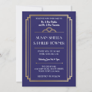 Art Deco Wedding Invitations Navy & Gold 1920's
