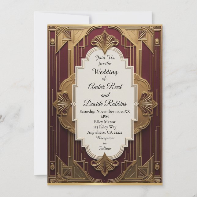 Art Deco Wedding Invite Burgundy & Gold Vintage (Front)