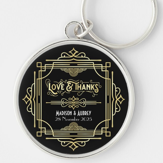 Art Deco Wedding Love & Thanks Gold Black Favor Key Ring (Front)