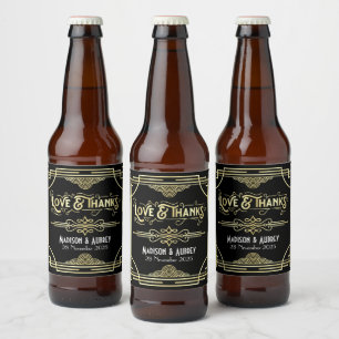 Art Deco Wedding Love & Thanks Gold Black Favour Beer Bottle Label