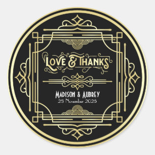 Art Deco Wedding Love & Thanks Gold Black Favour Classic Round Sticker