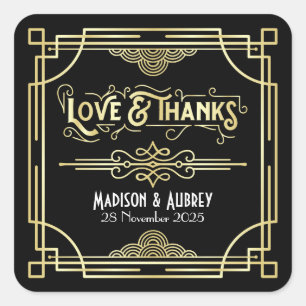 Art Deco Wedding Love & Thanks Gold Black Favour Square Sticker