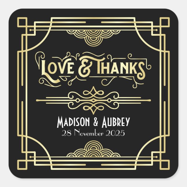 Art Deco Wedding Love & Thanks Gold Black Favour Square Sticker (Front)