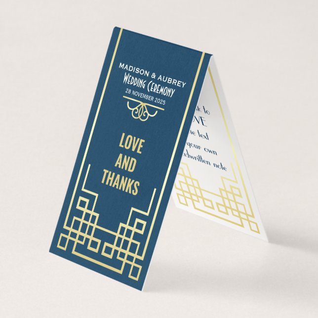 Art Deco Wedding Love & Thanks Gold Blue Favour (Front)