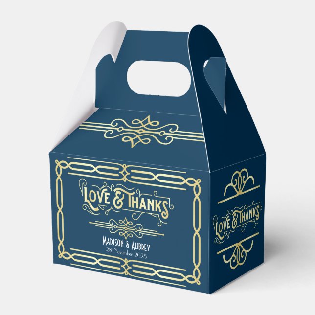Art Deco Wedding Love & Thanks Gold Blue Favour Favour Box (Front Side)
