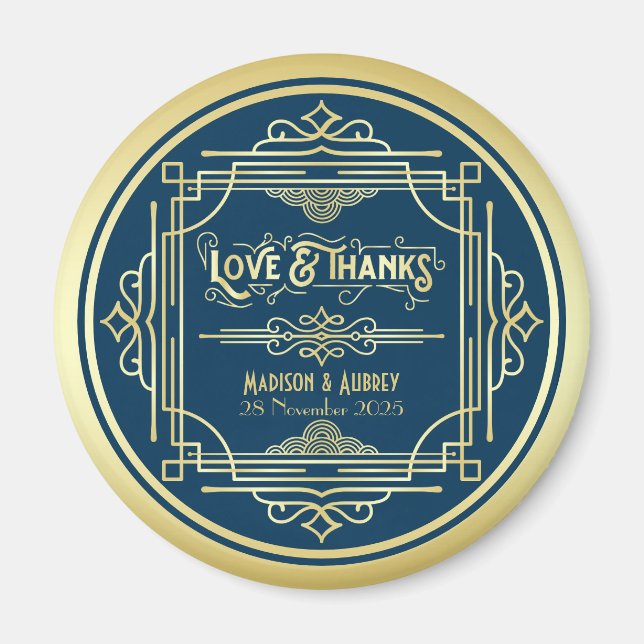 Art Deco Wedding Love & Thanks Gold Blue Favour Magnet (Front)