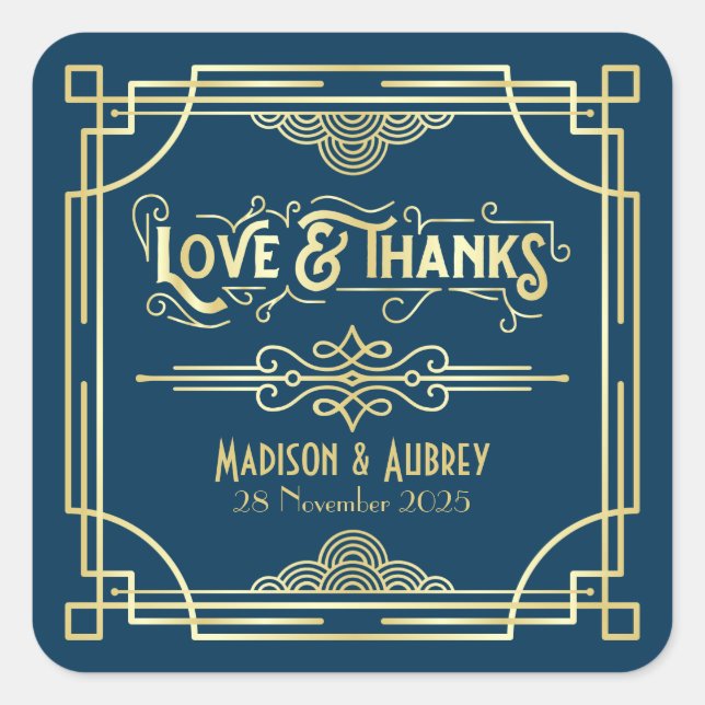 Art Deco Wedding Love & Thanks Gold Blue Favour Square Sticker (Front)