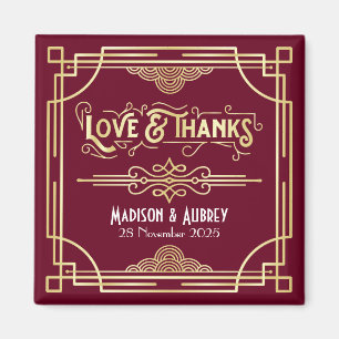 Art Deco Wedding Love & Thanks Gold Burgundy Favor Magnet