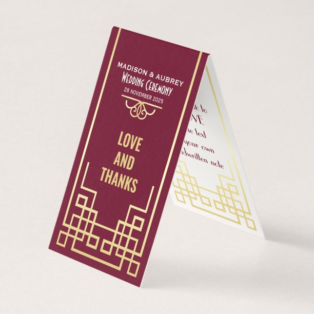 Art Deco Wedding Love & Thanks Gold Burgundy Favou (Front)