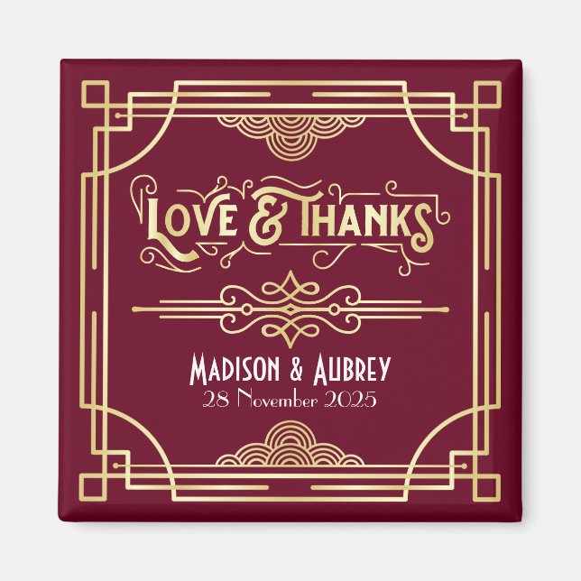 Art Deco Wedding Love & Thanks Gold Burgundy Favou Magnet (Front)