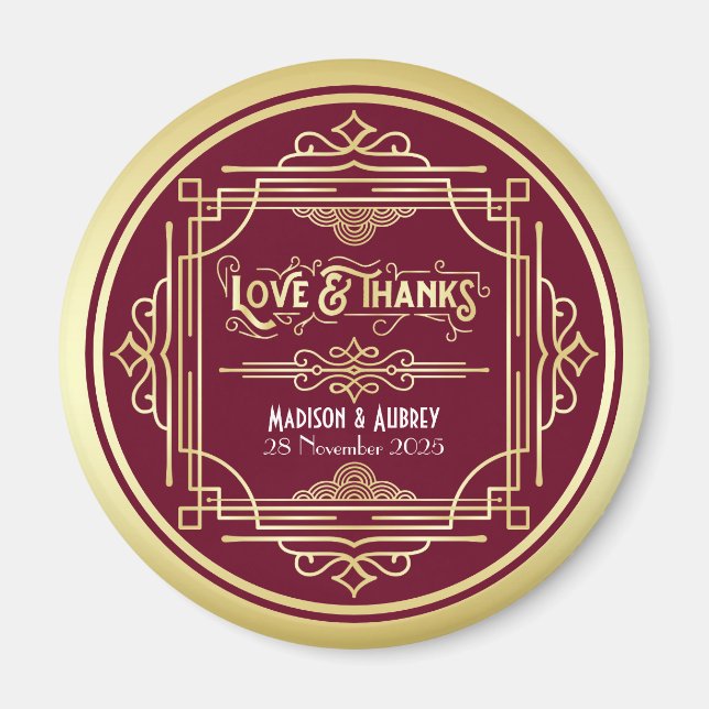 Art Deco Wedding Love & Thanks Gold Burgundy Favou Magnet (Front)