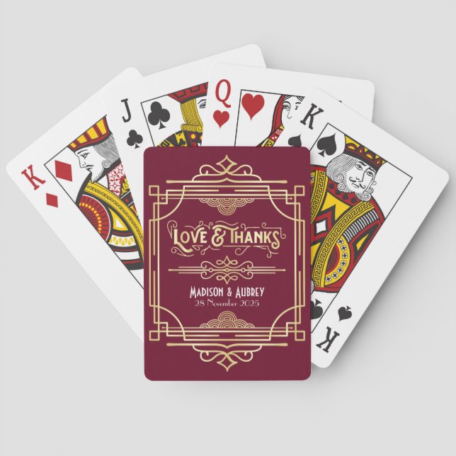 Art Deco Wedding Love & Thanks Gold Burgundy Favou Playing Cards (Back)