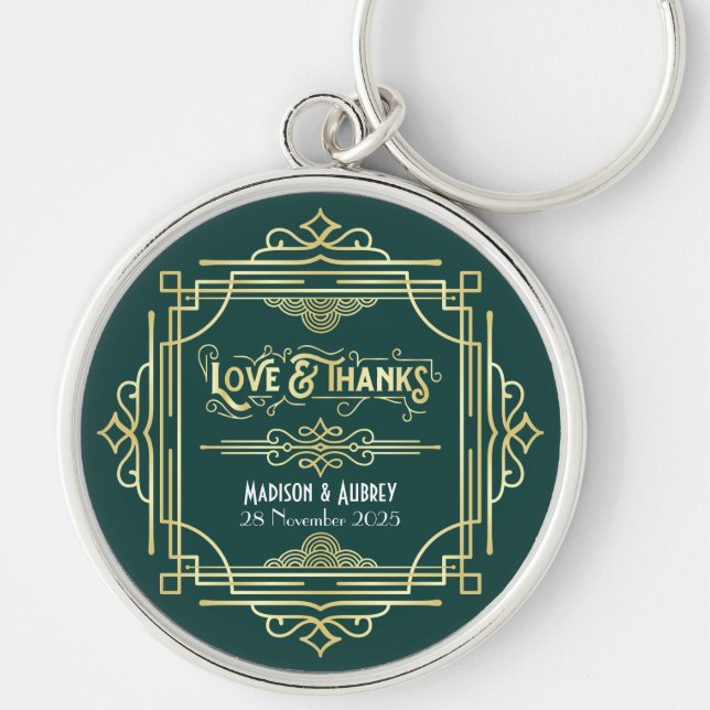 Art Deco Wedding Love & Thanks Gold Green Favor Key Ring (Front)