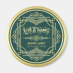 Art Deco Wedding Love & Thanks Gold Green Favor Magnet