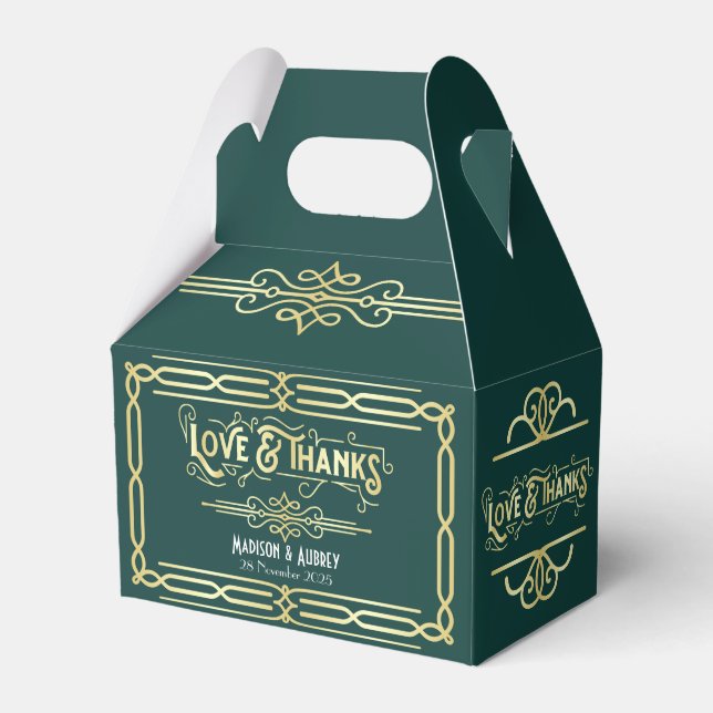Art Deco Wedding Love & Thanks Gold Green Favour Favour Box (Front Side)