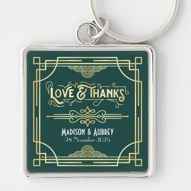 Art Deco Wedding Love & Thanks Gold Green Favour Key Ring (Front)