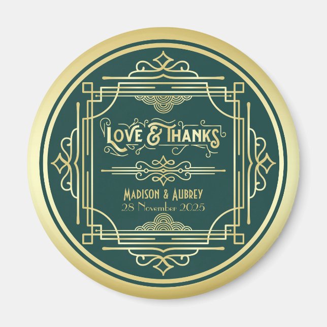 Art Deco Wedding Love & Thanks Gold Green Favour Magnet (Front)