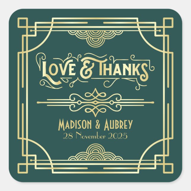 Art Deco Wedding Love & Thanks Gold Green Favour Square Sticker (Front)