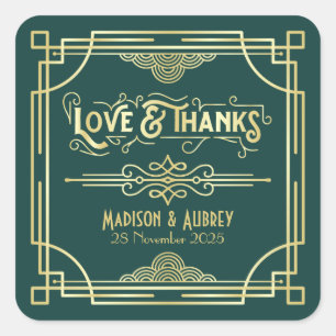 Art Deco Wedding Love & Thanks Gold Green Favour Square Sticker