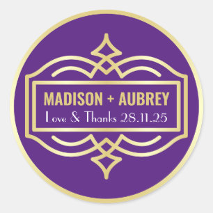Art Deco Wedding Love & Thanks Gold Purple Favor Classic Round Sticker