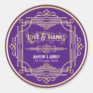 Art Deco Wedding Love & Thanks Gold Purple Favour Classic Round Sticker