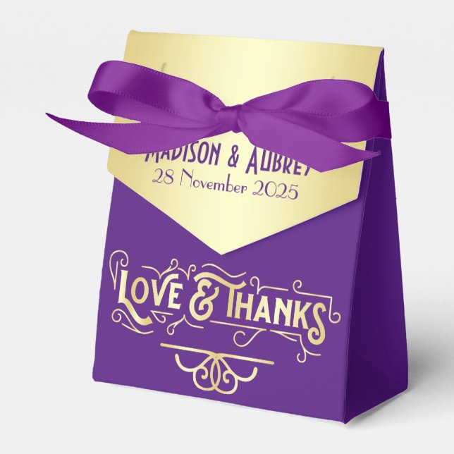 Art Deco Wedding Love & Thanks Gold Purple Favour Favour Box (Front Side)