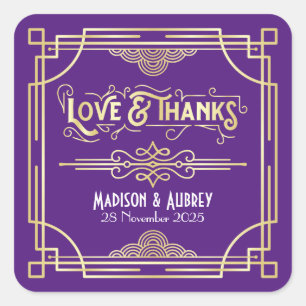 Art Deco Wedding Love & Thanks Gold Purple Favour Square Sticker