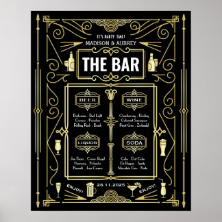Art Deco Wedding Party Bar Wine Beer Liquor Menu Poster