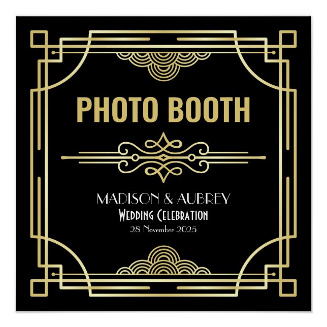 Art Deco Wedding Photo Booth Gold Black Party Sign (Front)