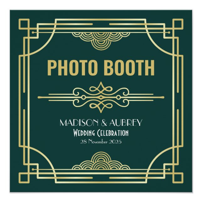 Art Deco Wedding Photo Booth Gold Green Party Sign (Front)