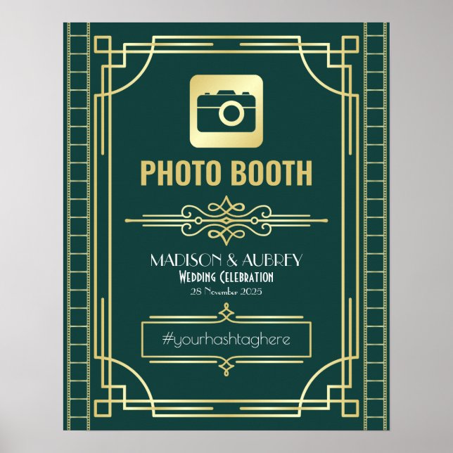 Art Deco Wedding Photo Booth Gold Green Sign (Front)