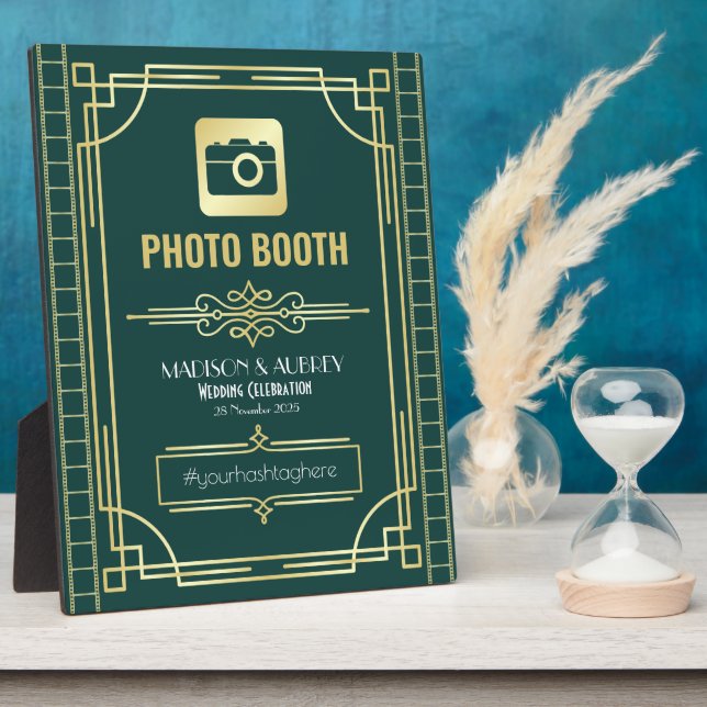 Art Deco Wedding Photo Booth Gold Green Sign Plaque (Side)