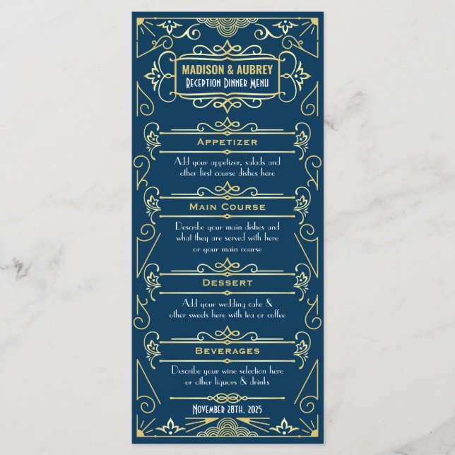 Art Deco Wedding Reception Dinner Gold Blue Food Menu (Front)
