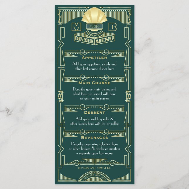 Art Deco Wedding Reception Dinner Party Gold Green Menu (Front)
