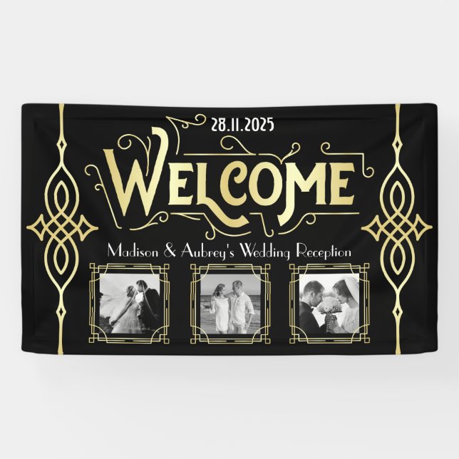 Art Deco Wedding Reception Gold Black Welcome Banner (Horizontal)