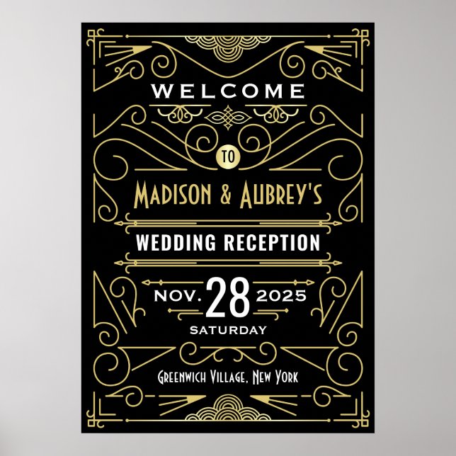 Art Deco Wedding Reception Gold Black Welcome Sign (Front)