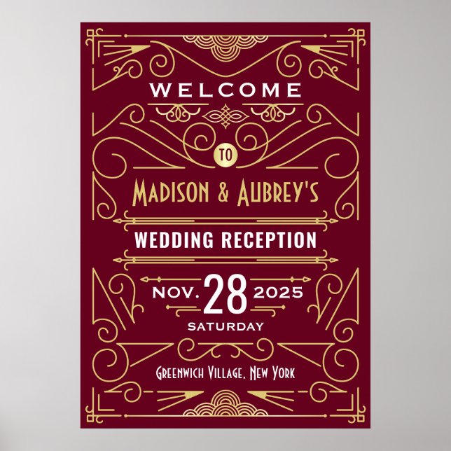 Art Deco Wedding Reception Gold Burgundy Welcome Poster (Front)