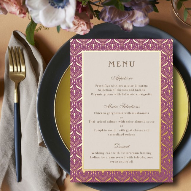 Art Deco Wedding Reception Menu Gold Foil Card (art deco gold foil wedding reception dinner menu cards, indian hindu wedding, sangeet mehndi menu)