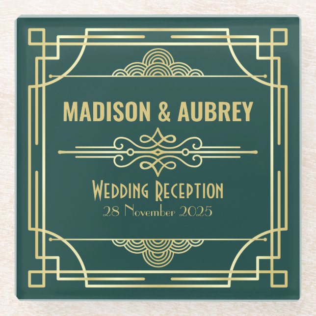 Art Deco Wedding Reception Party Bar Gold Green Glass Coaster (Front)