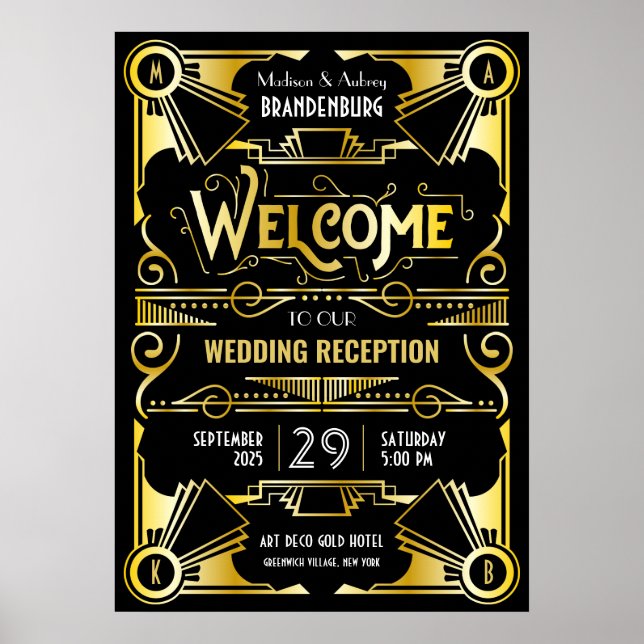 Art Deco Wedding Reception Welcome Gold & Black Poster (Front)