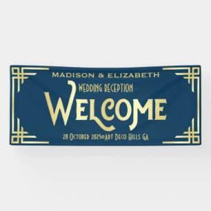 Art Deco Wedding Reception Welcome Gold Dark Blue Banner