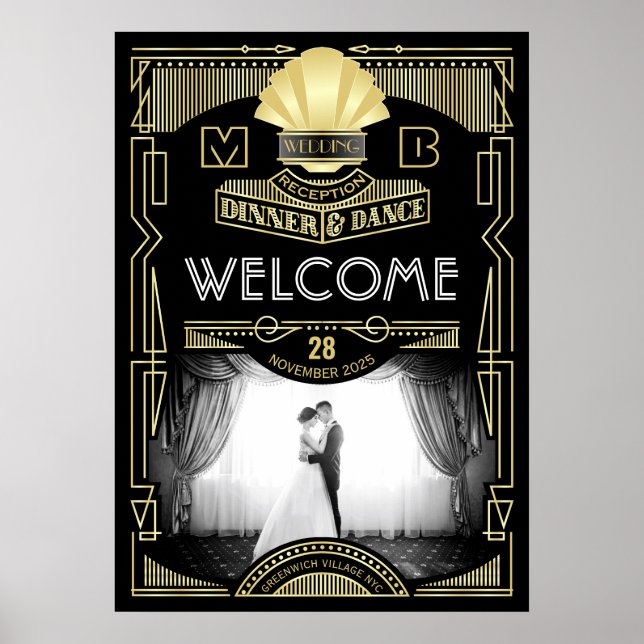 Art Deco Wedding Reception Your Photo Welcome Sign (Front)