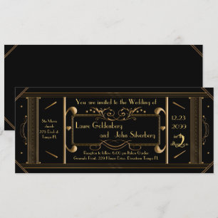 art deco wedding ticket,black, back black invitation