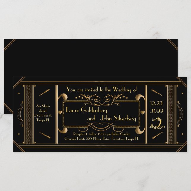 art deco wedding ticket,black, back black invitation (Front/Back)