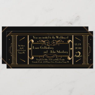 art deco wedding ticket,black, back black invitation