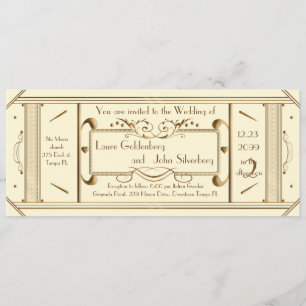art deco wedding ticket,ivory, back ivory invitation