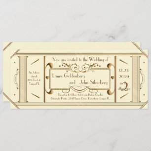 art deco wedding ticket,ivory, back ivory invitation