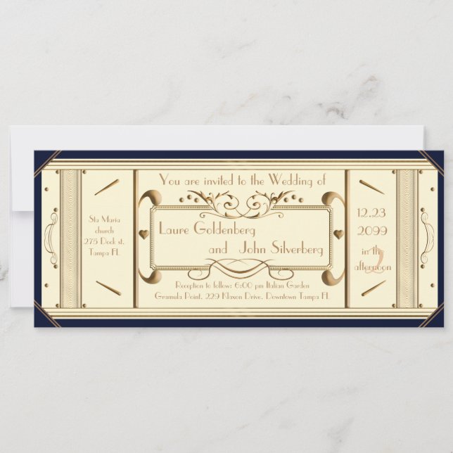 art deco wedding ticket,Ivory, back Navy Invitation (Front)