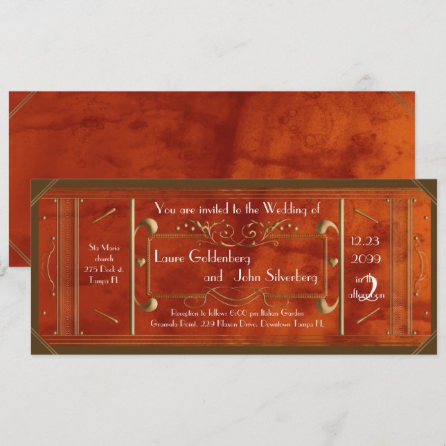 art deco wedding ticket,leather luxury invitation (Front/Back)