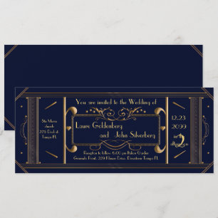 art deco wedding ticket,navy, back navy invitation